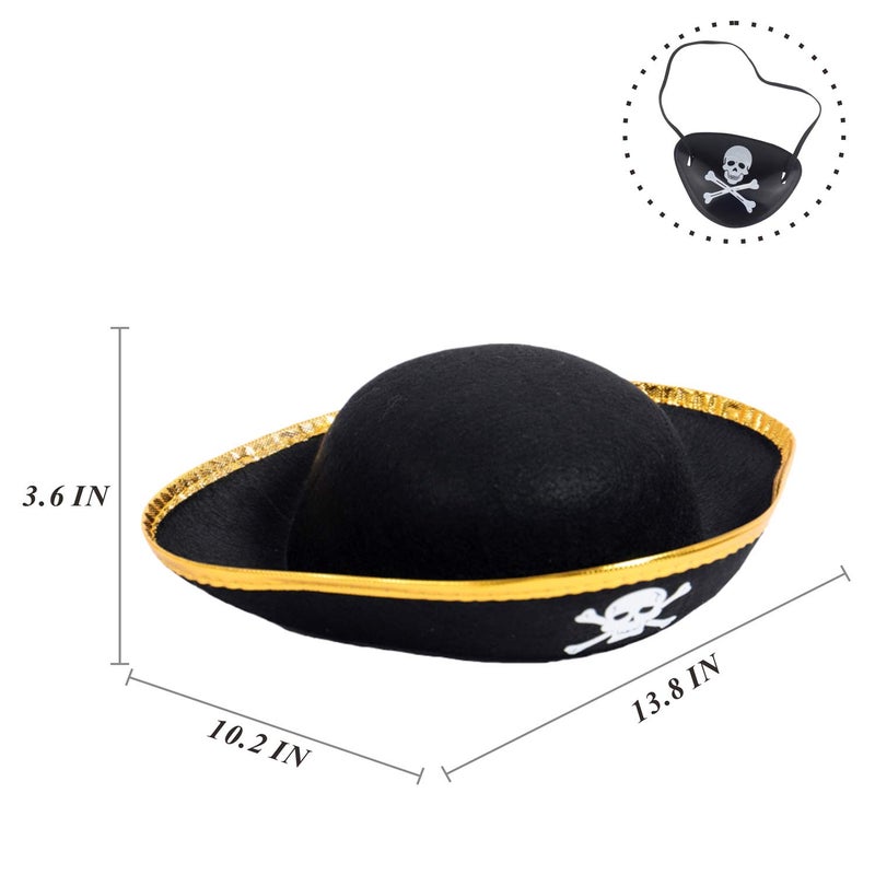D-Fokes 2 Packs Kids Felt Pirate Hat - Tri Corner Pirate Party Hat - Skull Print Pirate Captain Costume - Party, Birthday, Halloween Accessories with Eye Patch - Image 2